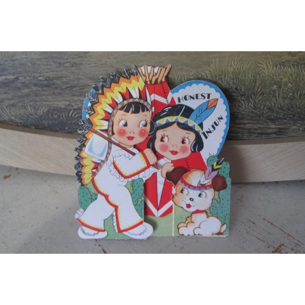 Little Indian Boy Girl and Dog VTG Valentine‎ Day Card "Be ConTENT" Colorful
